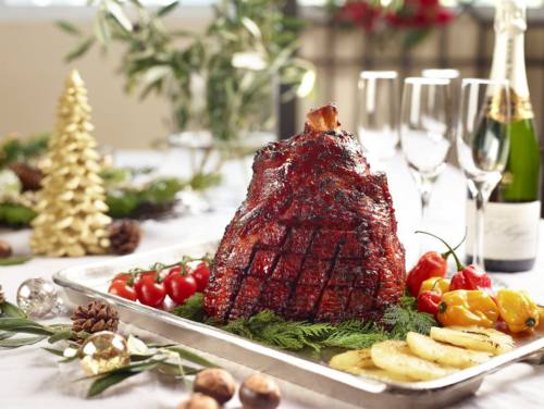Peony Jade's Cantonese-Style Baked Char-siu Whole Bone-in Gammon Ham Hock for Christmas food delivery. Delivered islandwide in Singapore powered by Oddle.