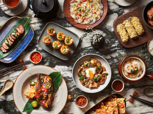 A flatlay of dishes by Po Restaurant. Delivered islandwide in Singapore powered by Oddle.
