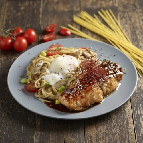 Miam Miam's Teriyaki Barramundi with French Butter Shoyu Pasta, delivered islandwide in Singapore powered by Oddle. For what to eat in Jurong East.