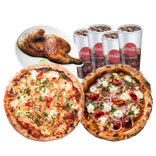 National Day Bundle inclusive of two pizzas, half rotisserie chicken and 4 soft drinks, delivered islandwide in Singapore powered by Oddle.